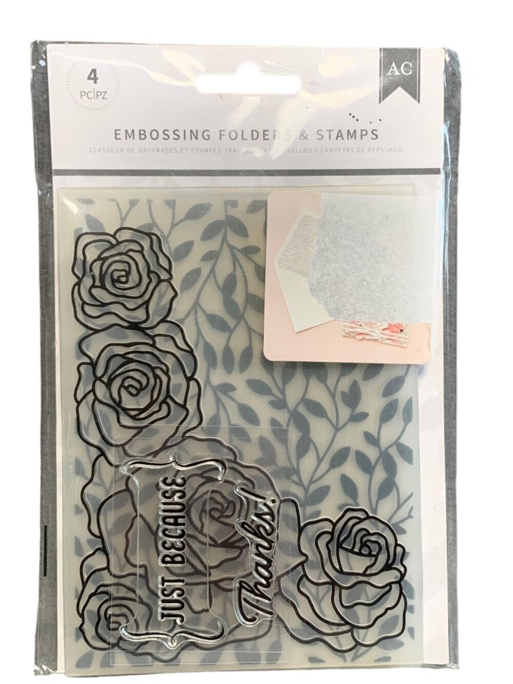Embossing Folders & Stamps Set 4 Pc Floral & Leaves Design "Just Because" & "Tha